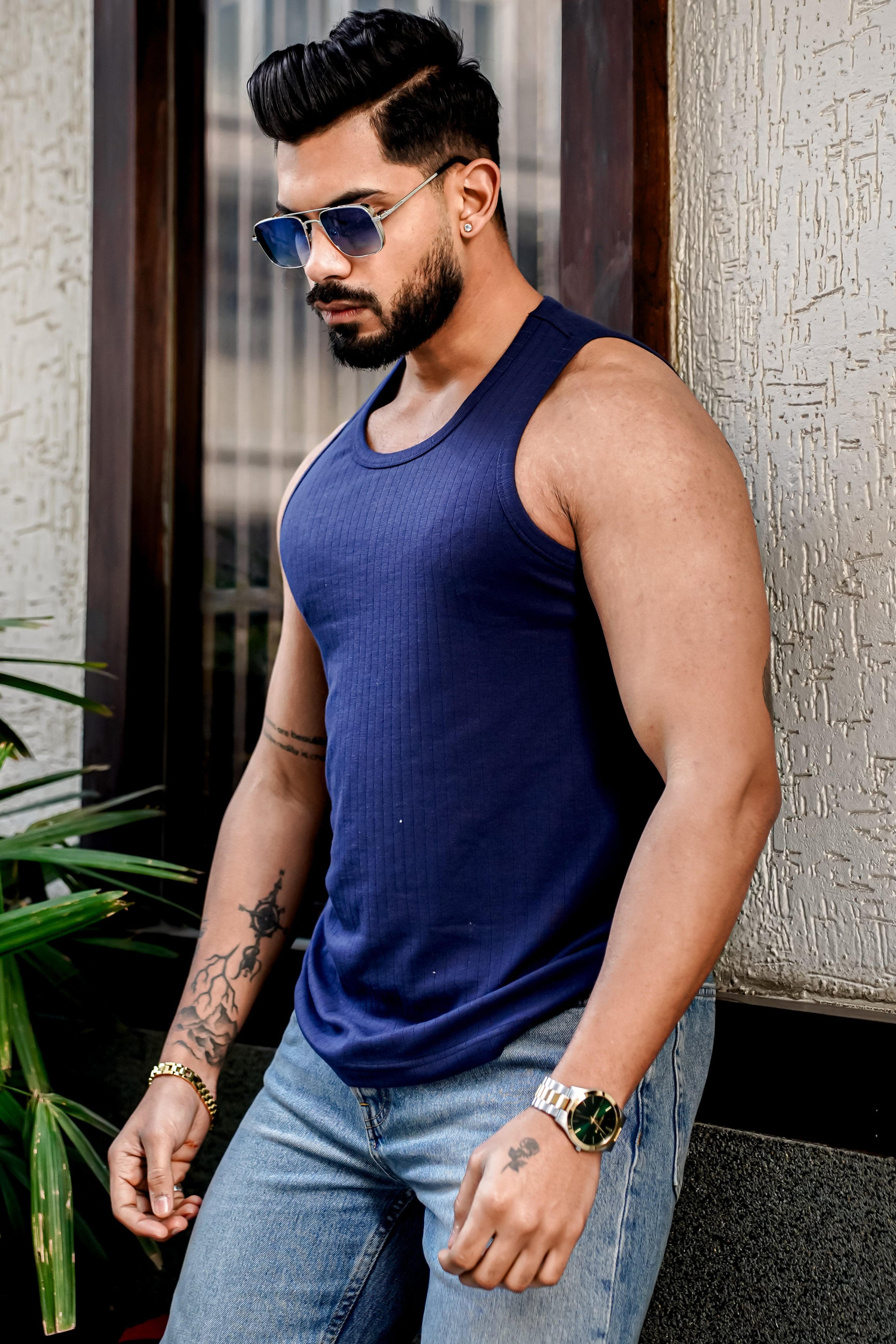 Navy Self Design Casual Vest