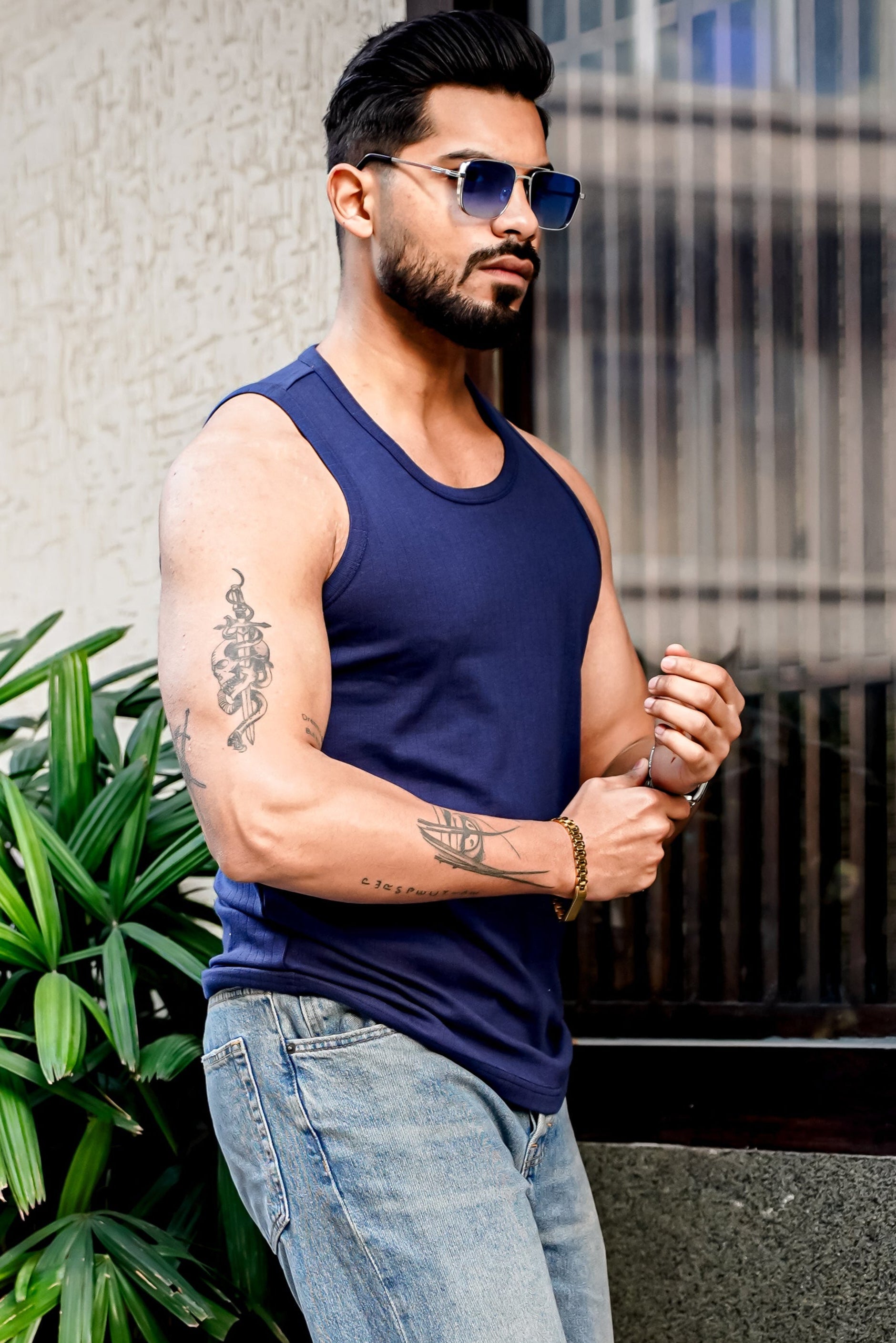 Navy Self Design Casual Vest
