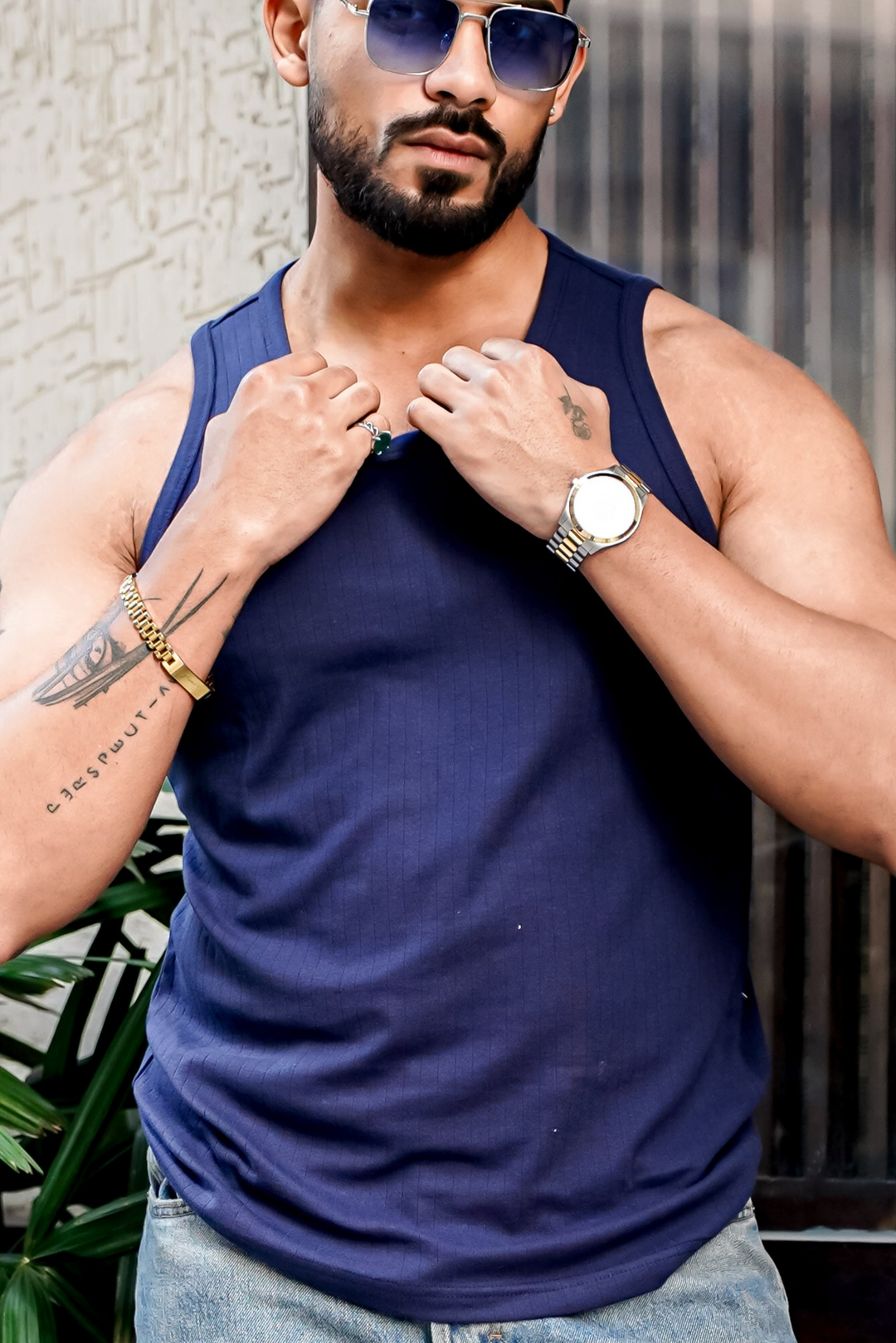 Navy Self Design Casual Vest