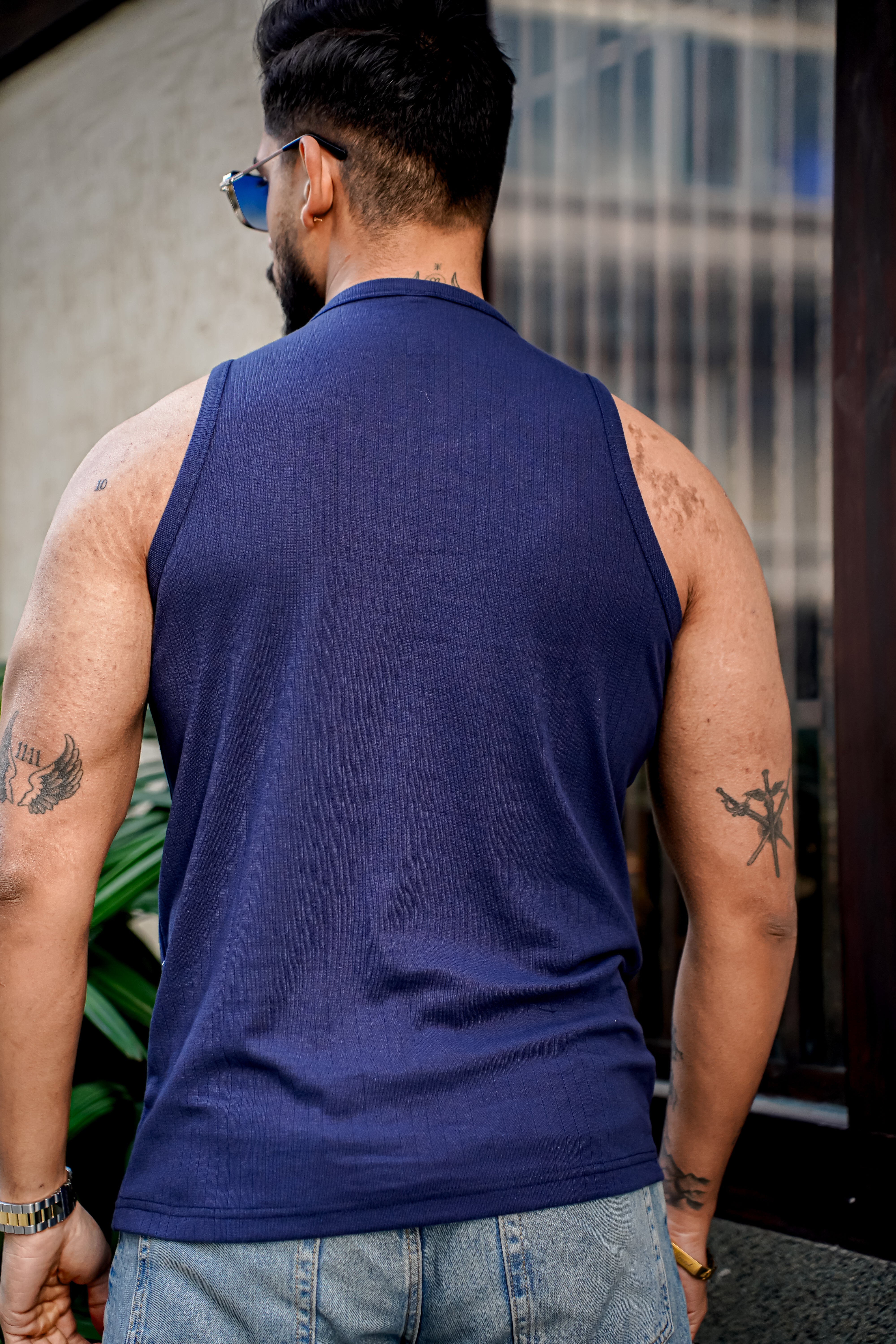 Navy Self Design Casual Vest