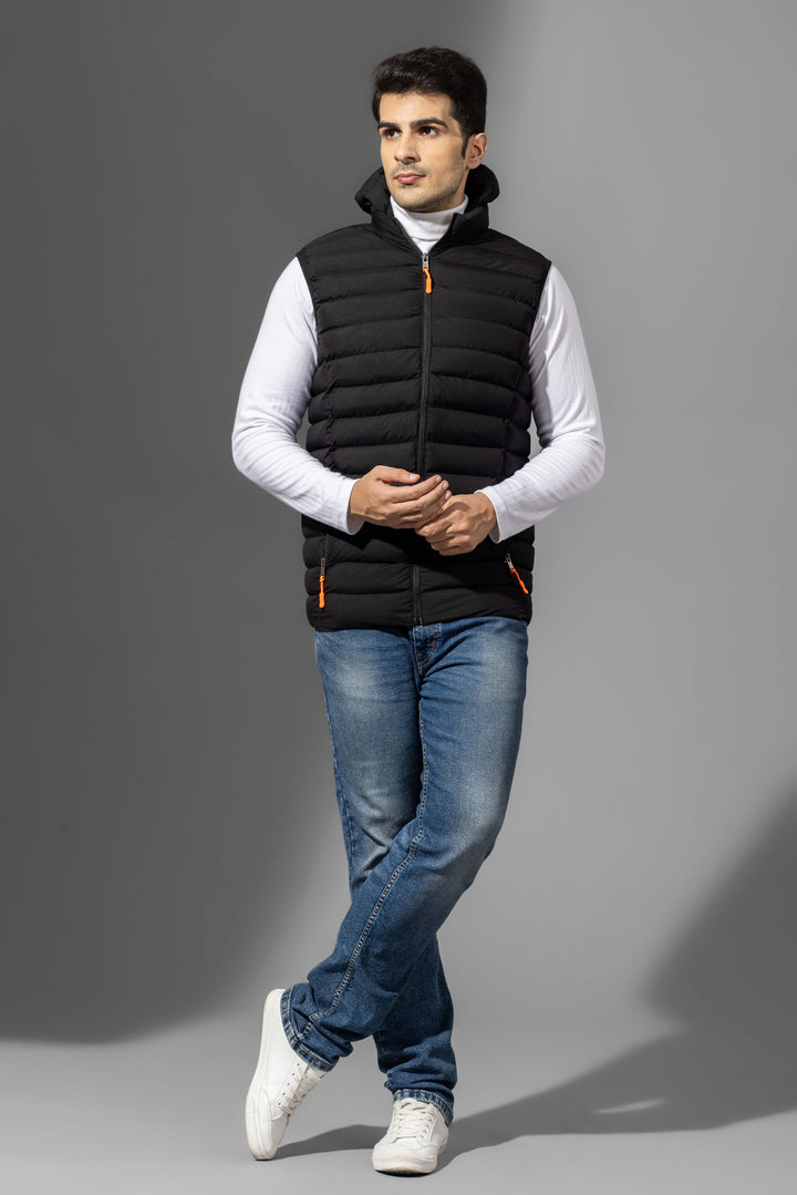 Black Sleeveless Winter Puffer Jacket with Detachable hood