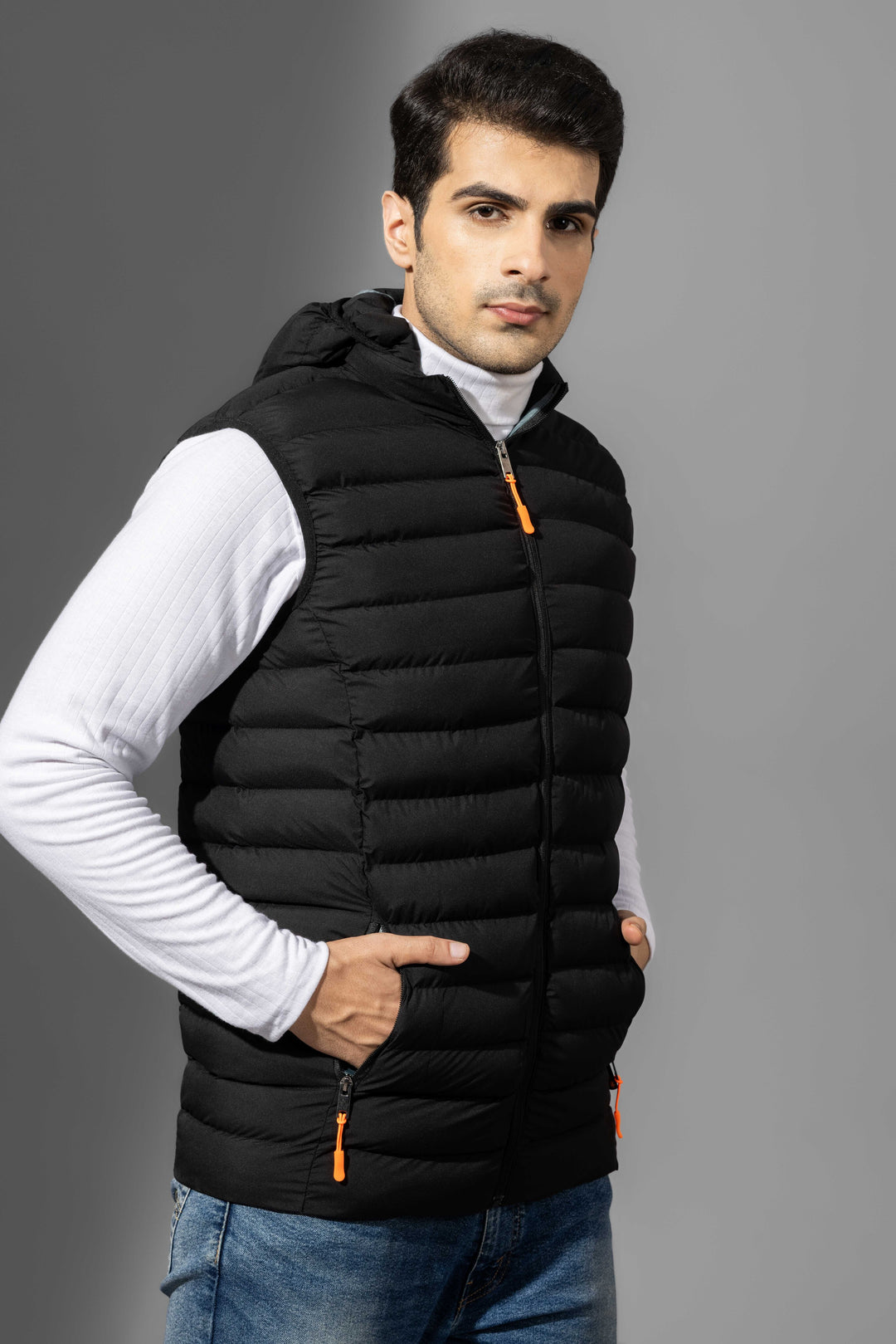 Black Sleeveless Winter Puffer Jacket with Detachable hood
