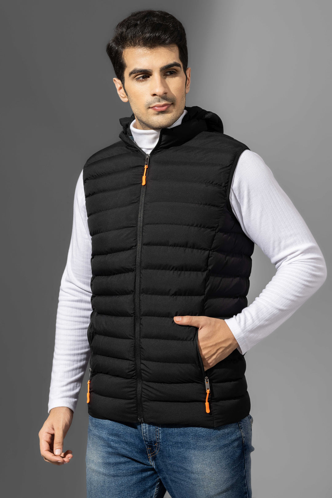 Black Sleeveless Winter Puffer Jacket with Detachable hood