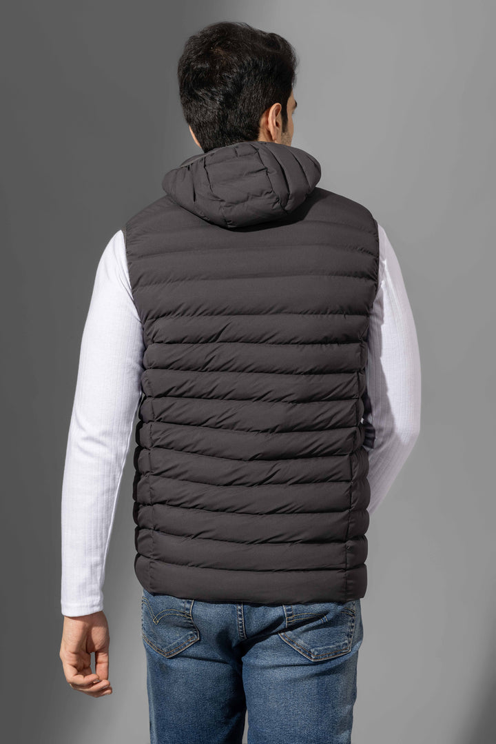Black Sleeveless Winter Puffer Jacket with detachable hood