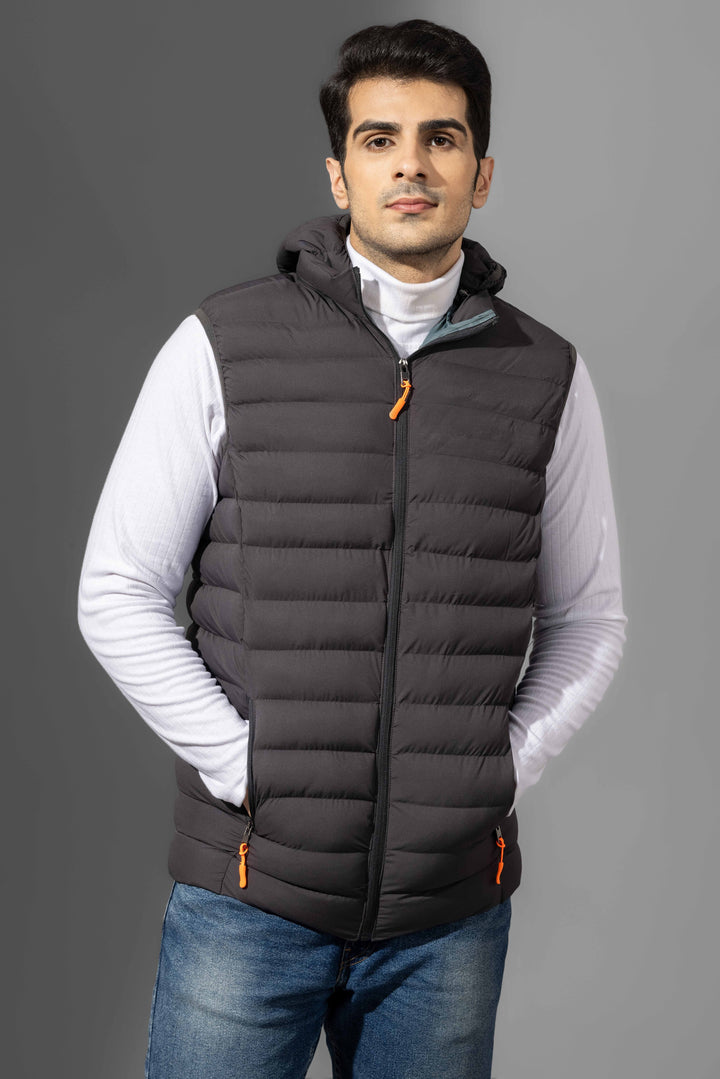 Black Sleeveless Winter Puffer Jacket with detachable hood
