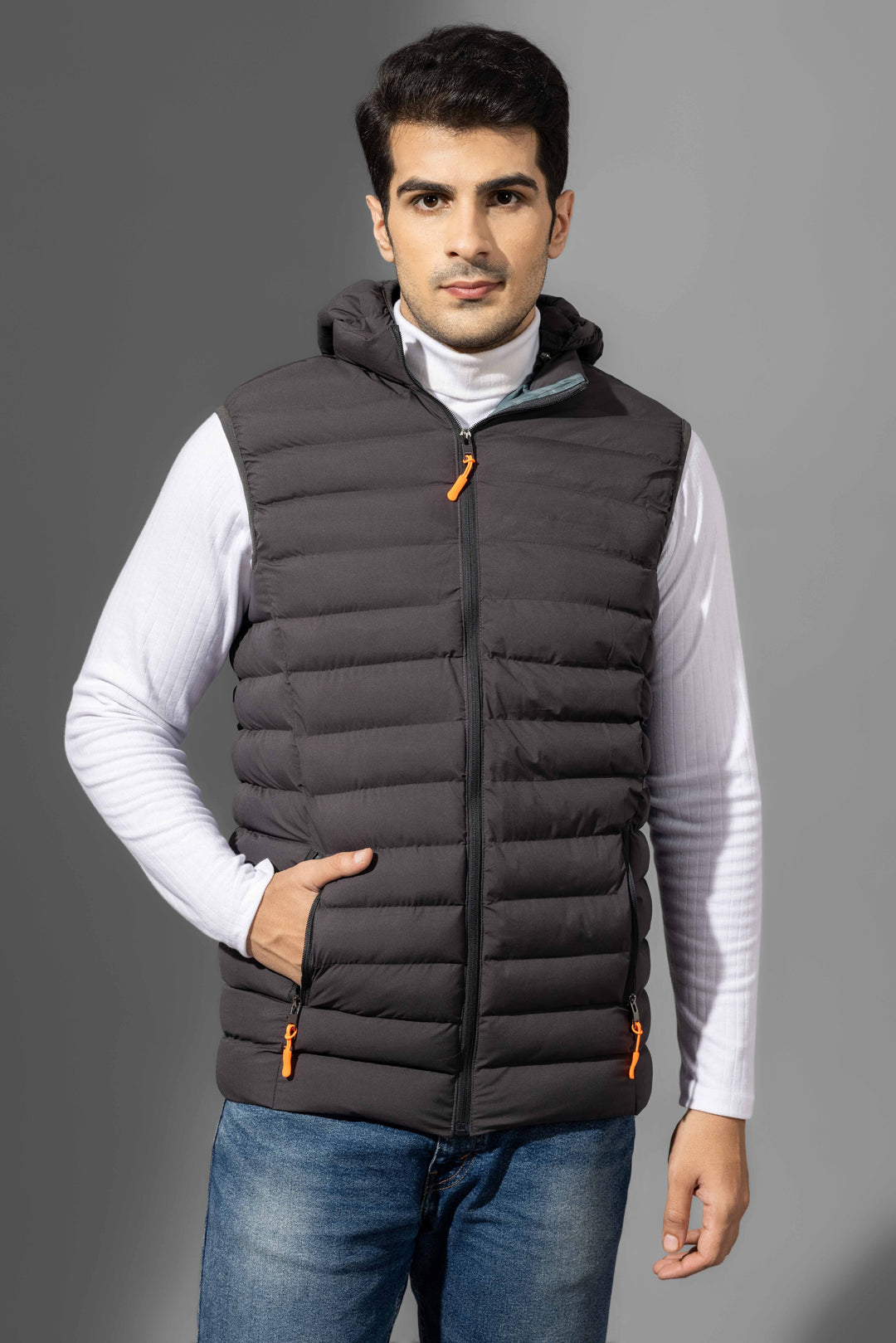 Black Sleeveless Winter Puffer Jacket with detachable hood