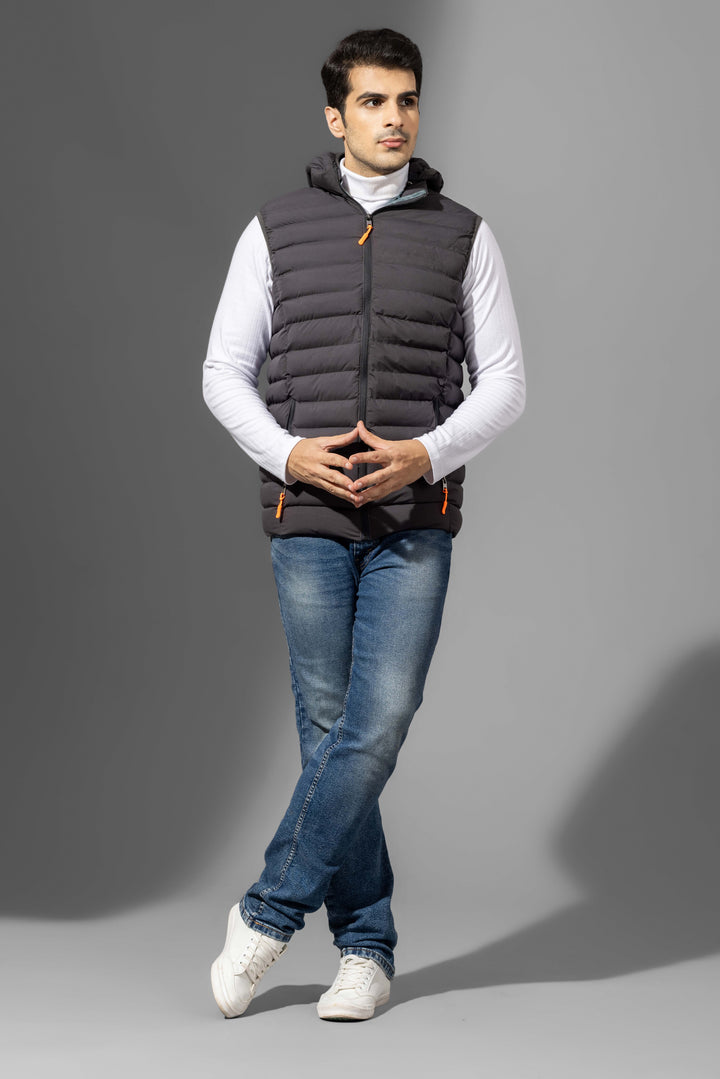 Black Sleeveless Winter Puffer Jacket with detachable hood