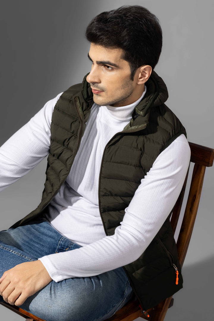 Olive Sleeveless Puffer Winter Jacket with Detachable hood