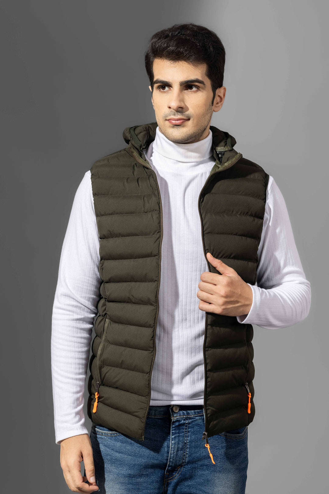 Olive Sleeveless Puffer Winter Jacket with Detachable hood