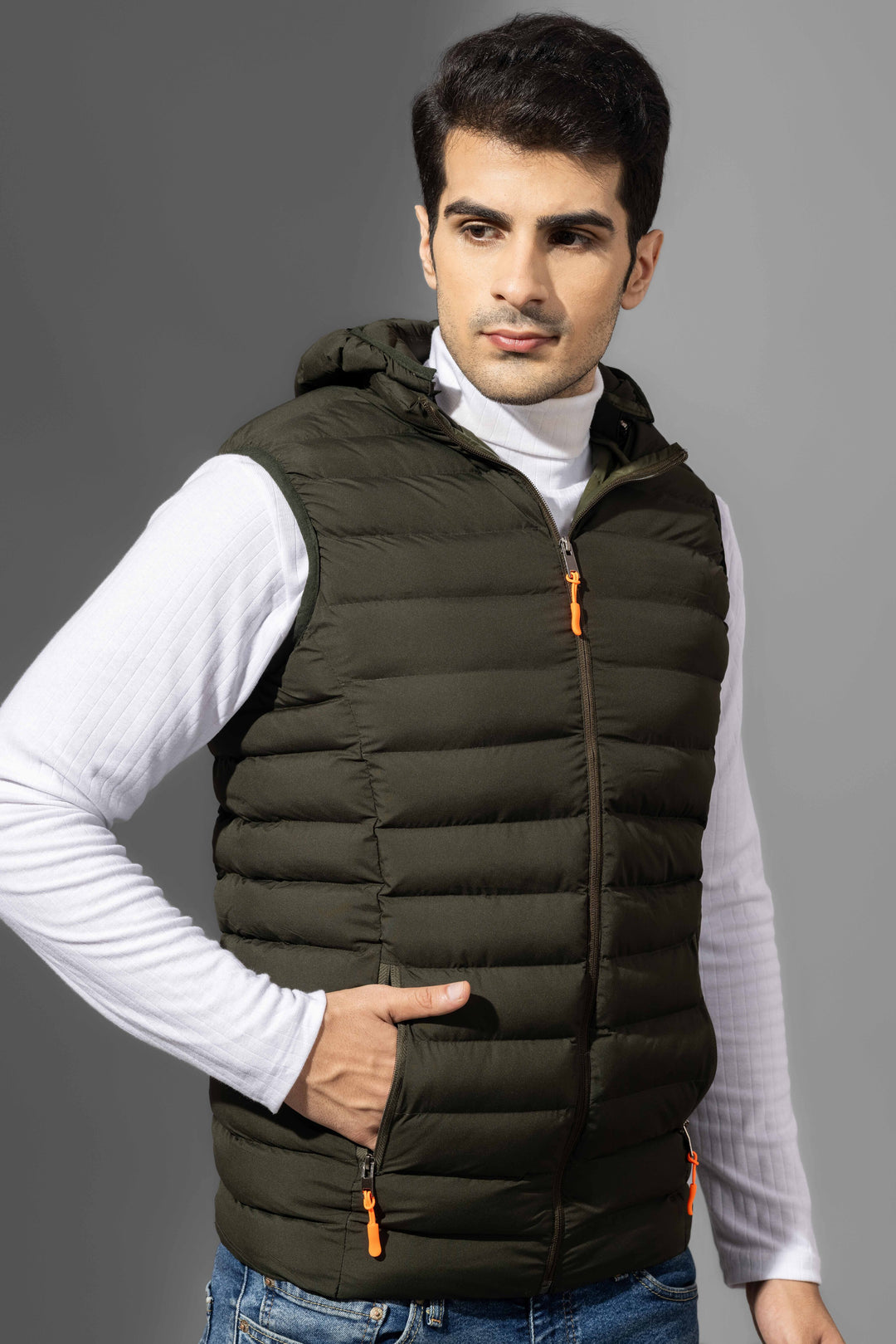 Olive Sleeveless Puffer Winter Jacket with Detachable hood