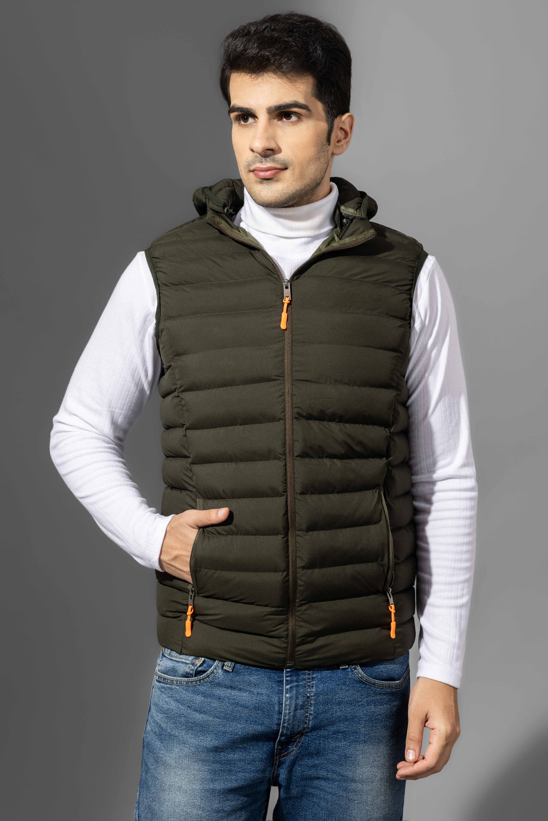 Olive Sleeveless Puffer Winter Jacket with Detachable hood