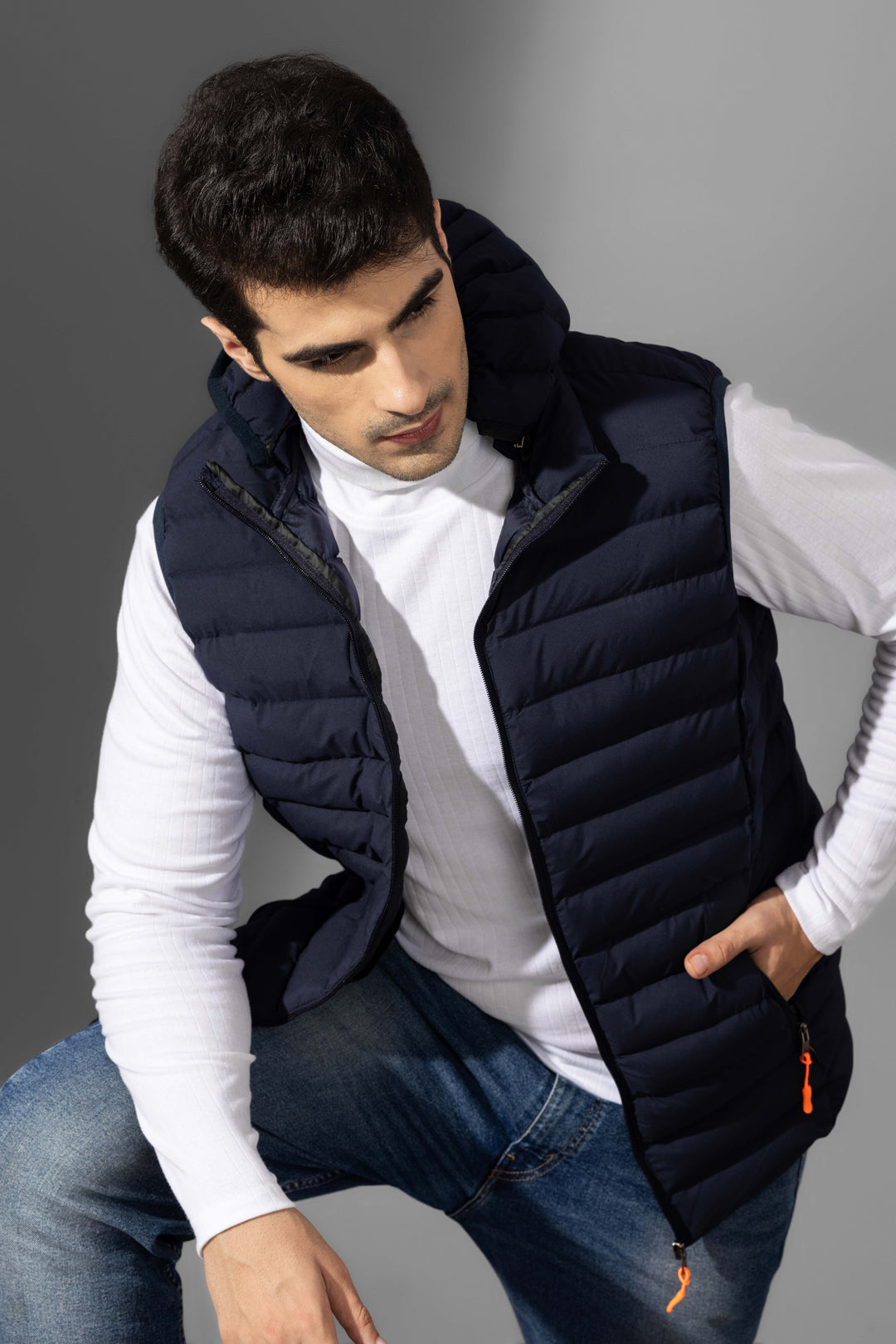 Navy Blue Sleeveless Puffer Winter Jacket with detachable hood