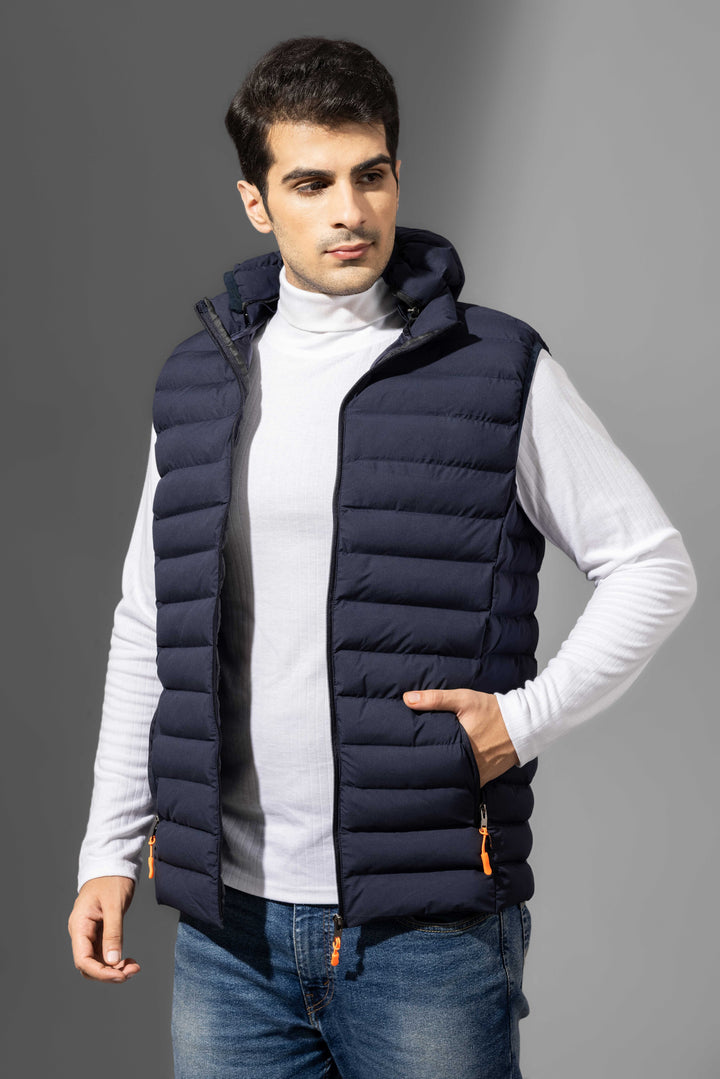 Navy Blue Sleeveless Puffer Winter Jacket with detachable hood