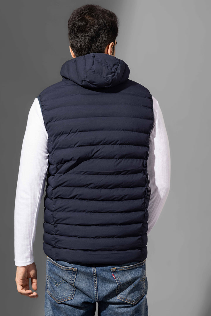Navy Blue Sleeveless Puffer Winter Jacket with detachable hood