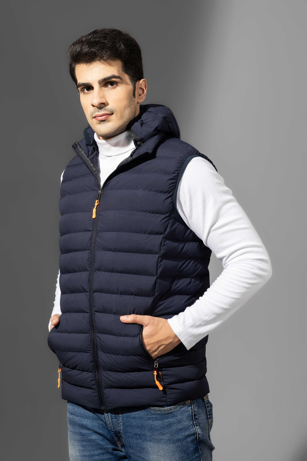 Navy Blue Sleeveless Puffer Winter Jacket with detachable hood