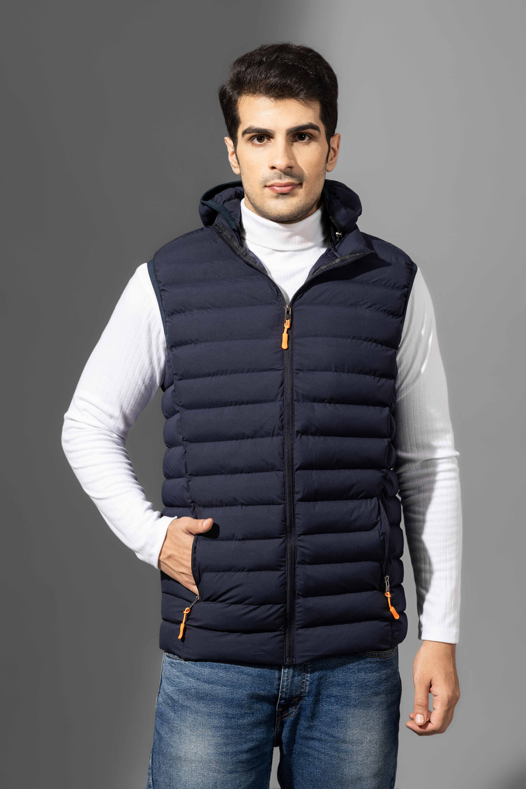 Navy Blue Sleeveless Puffer Winter Jacket with detachable hood