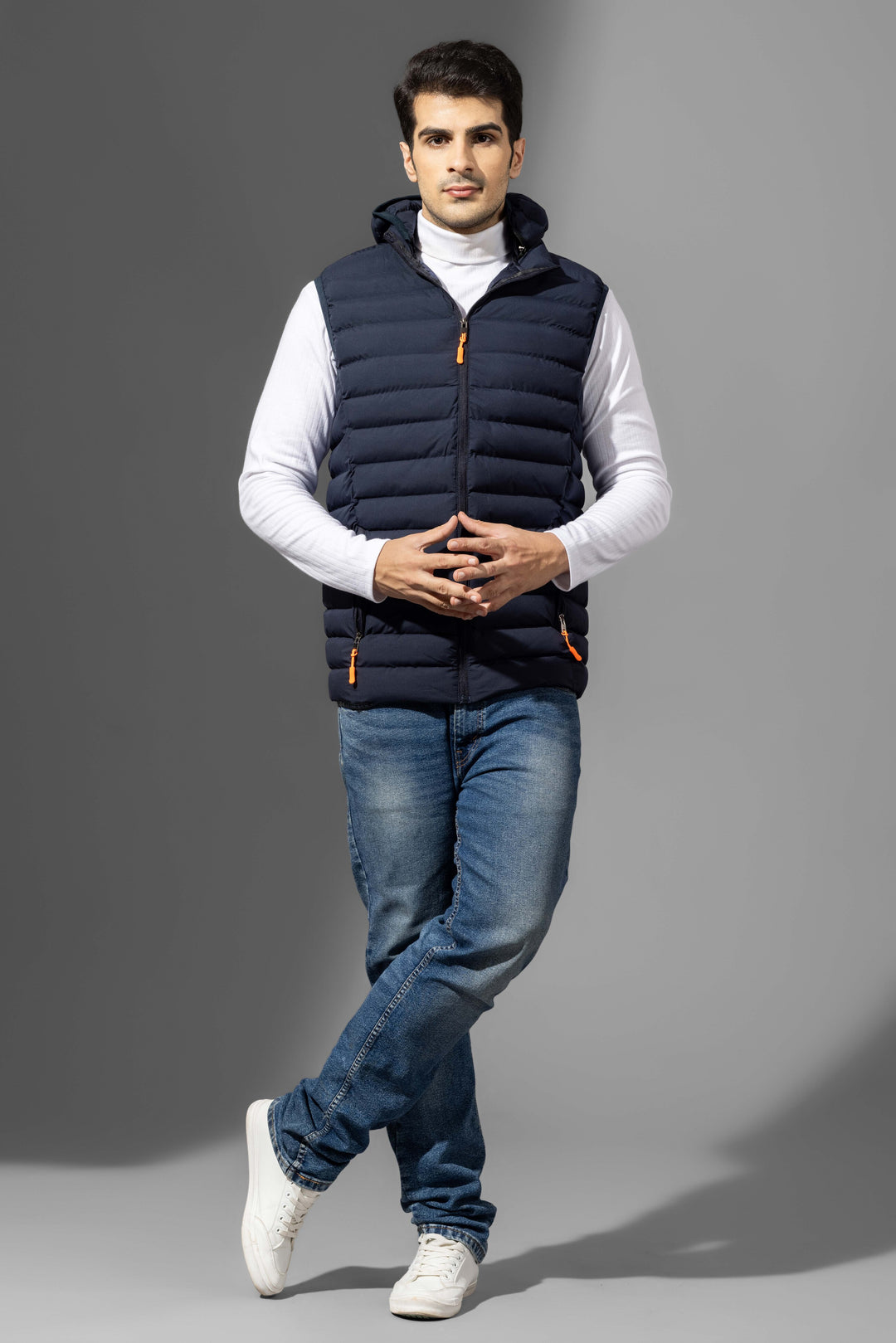 Navy Blue Sleeveless Puffer Winter Jacket with detachable hood