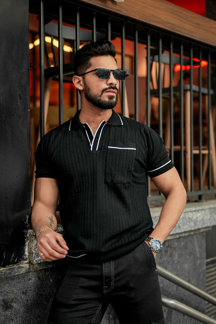 Black Flat Knit Premium Cotton Polo