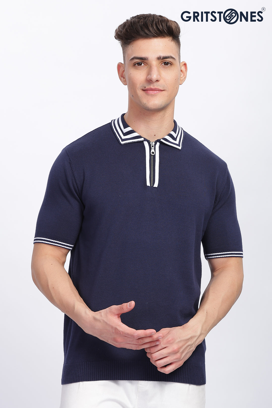 Navy Blue Flat Knit Premium Cotton Polo