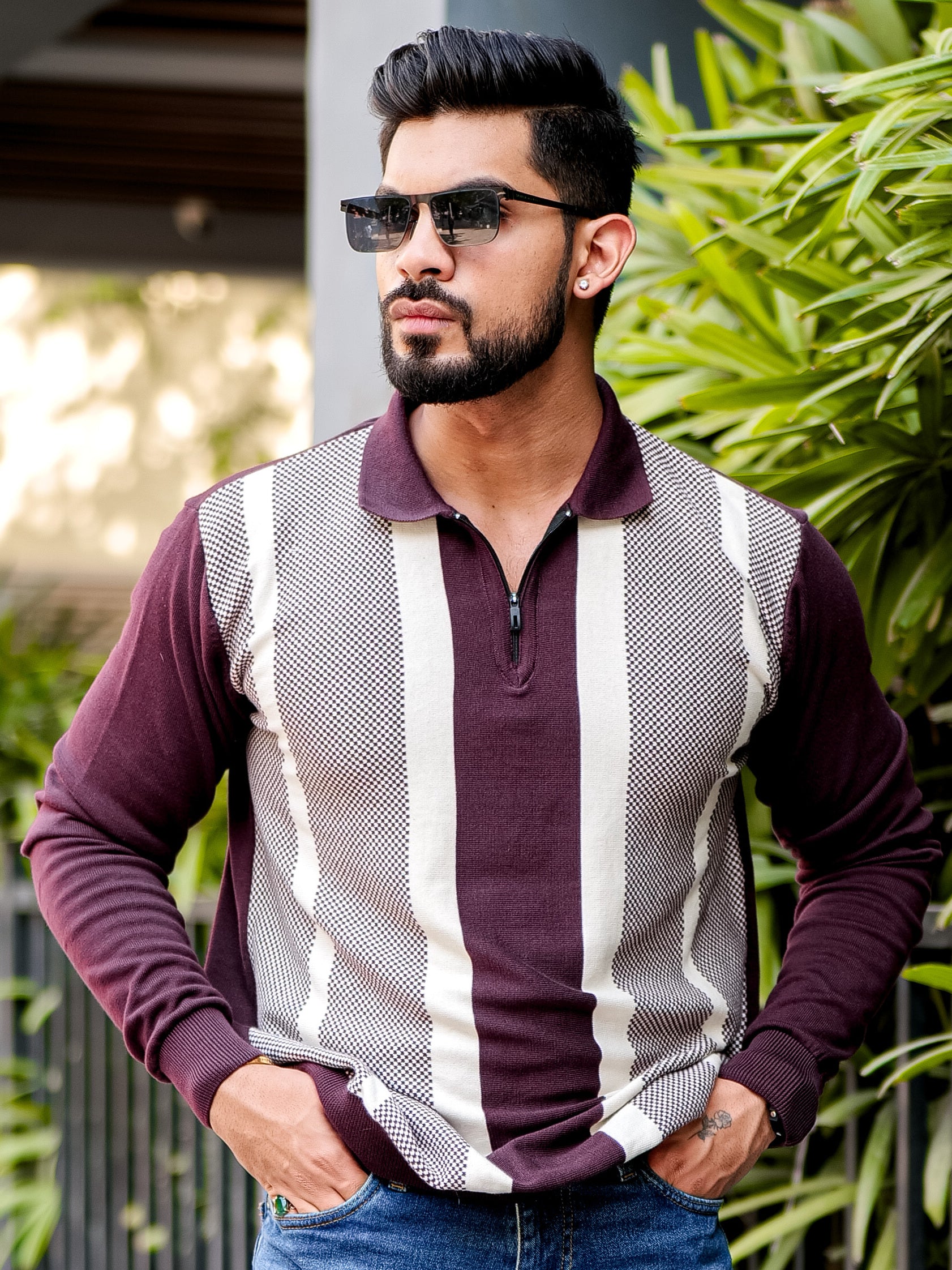 Maroon Collar Color Block Warm Sweater