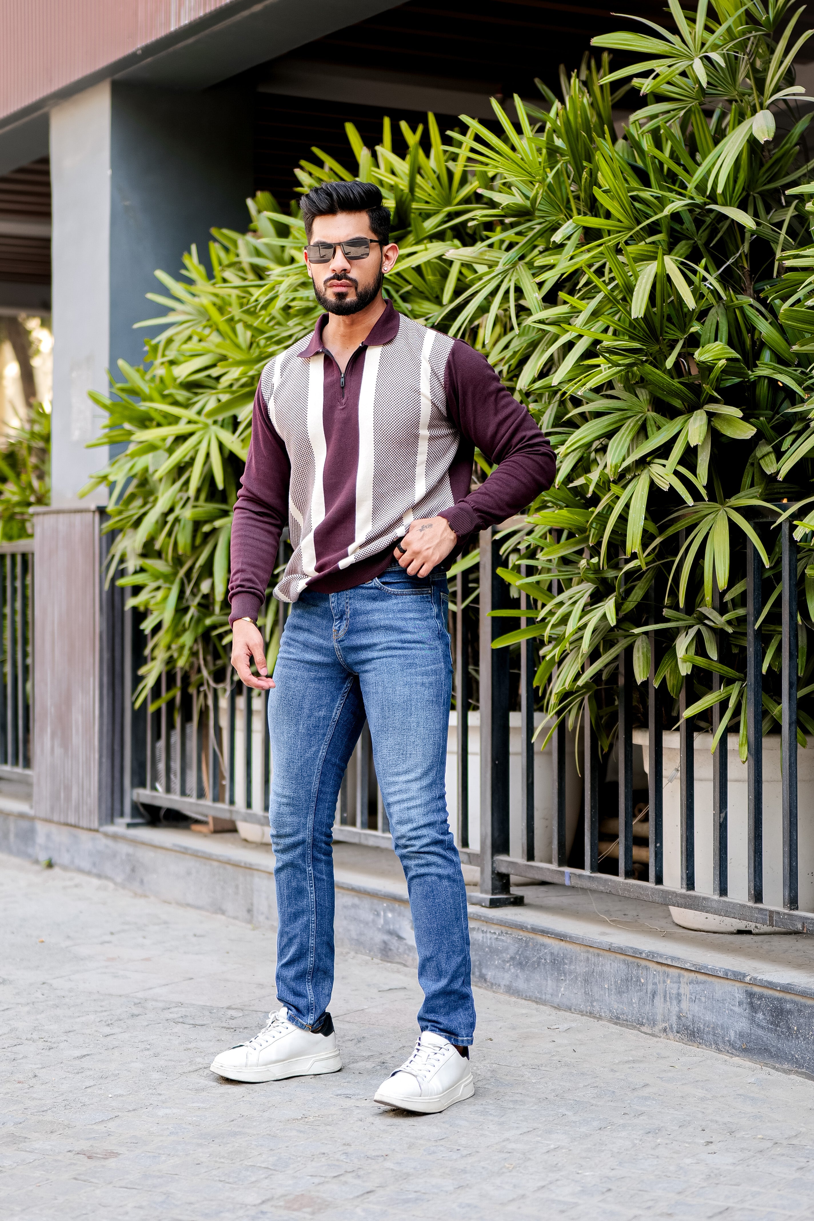 Maroon Collar Color Block Warm Sweater