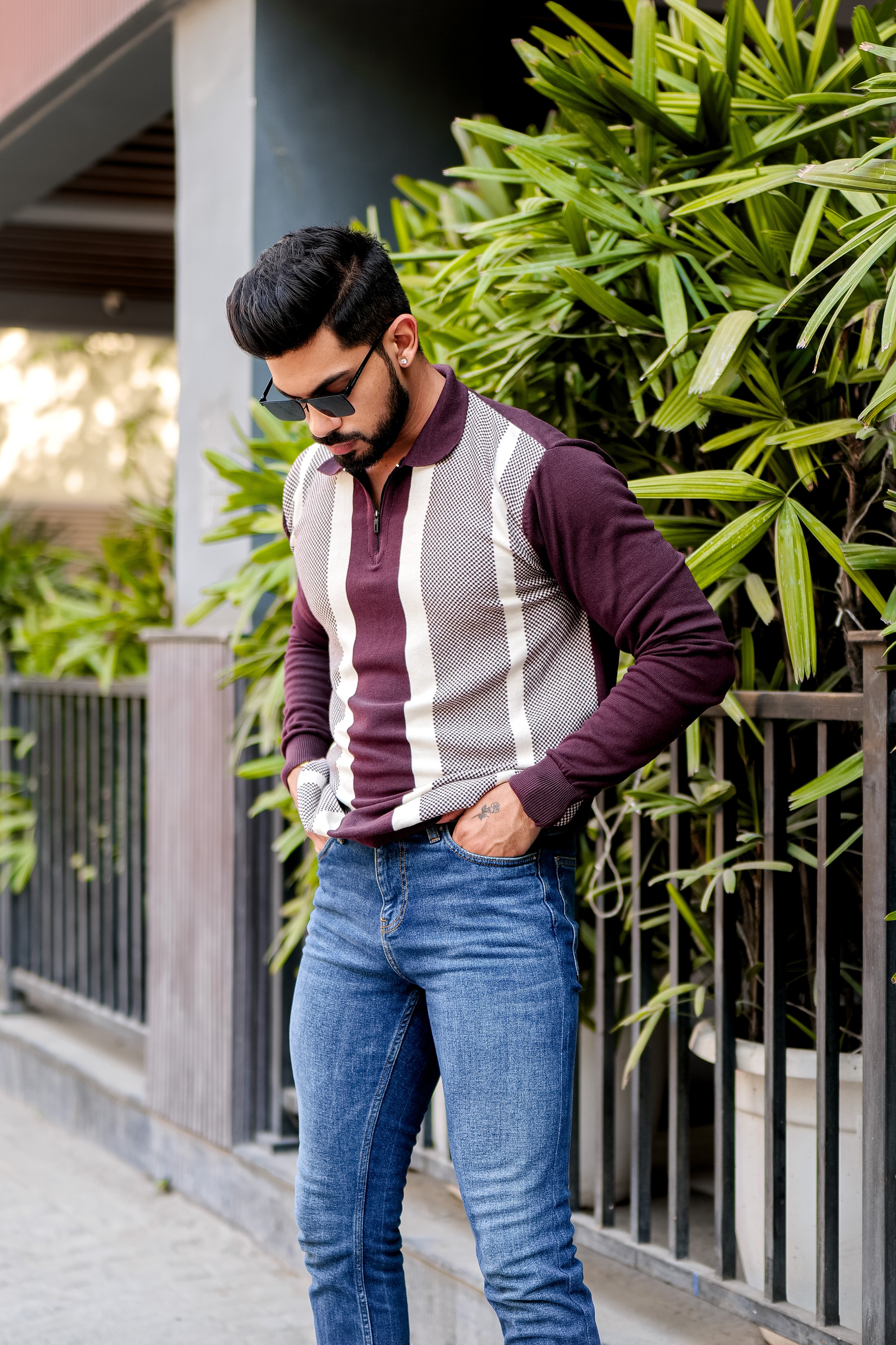 Maroon Collar Color Block Warm Sweater