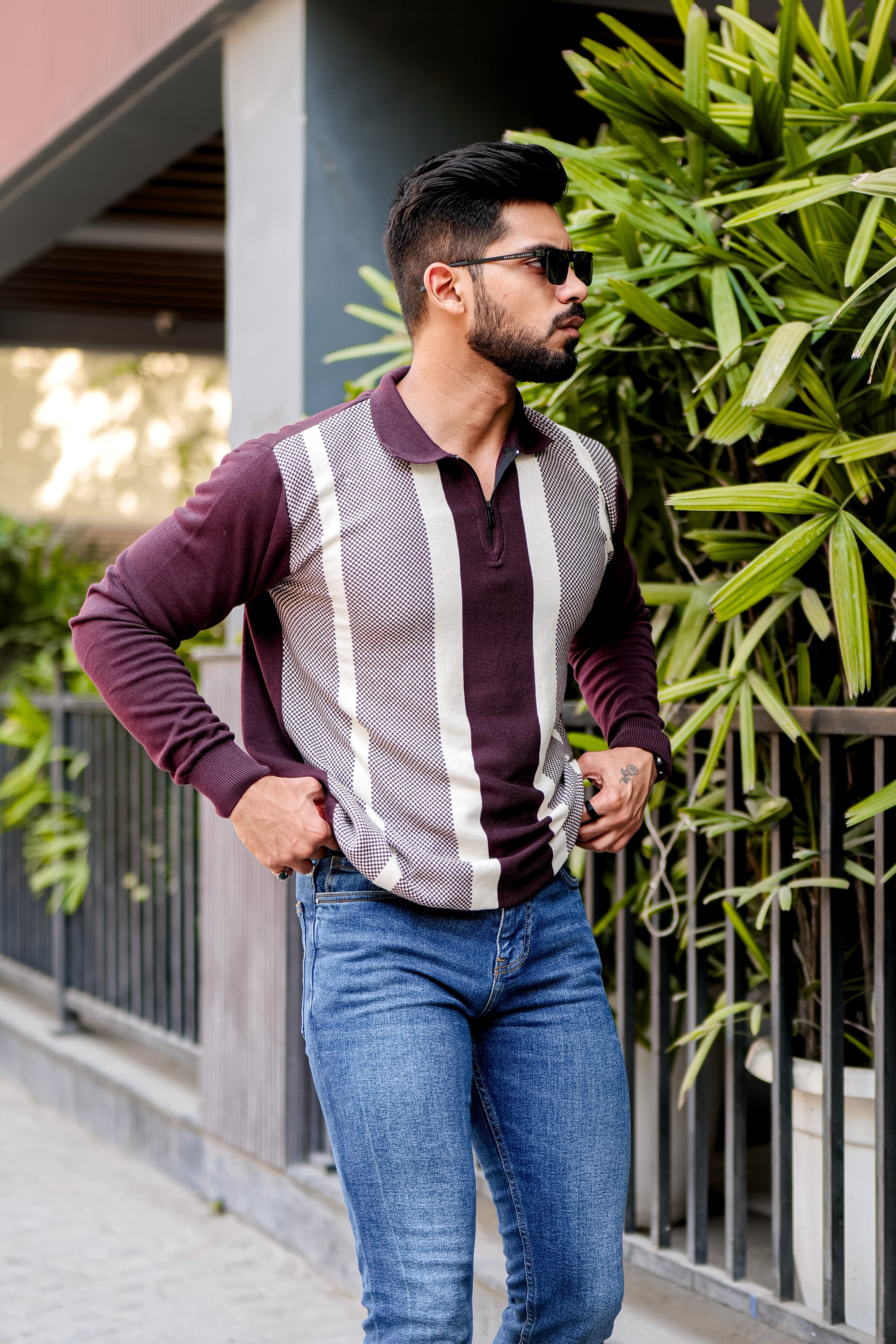 Maroon Collar Color Block Warm Sweater