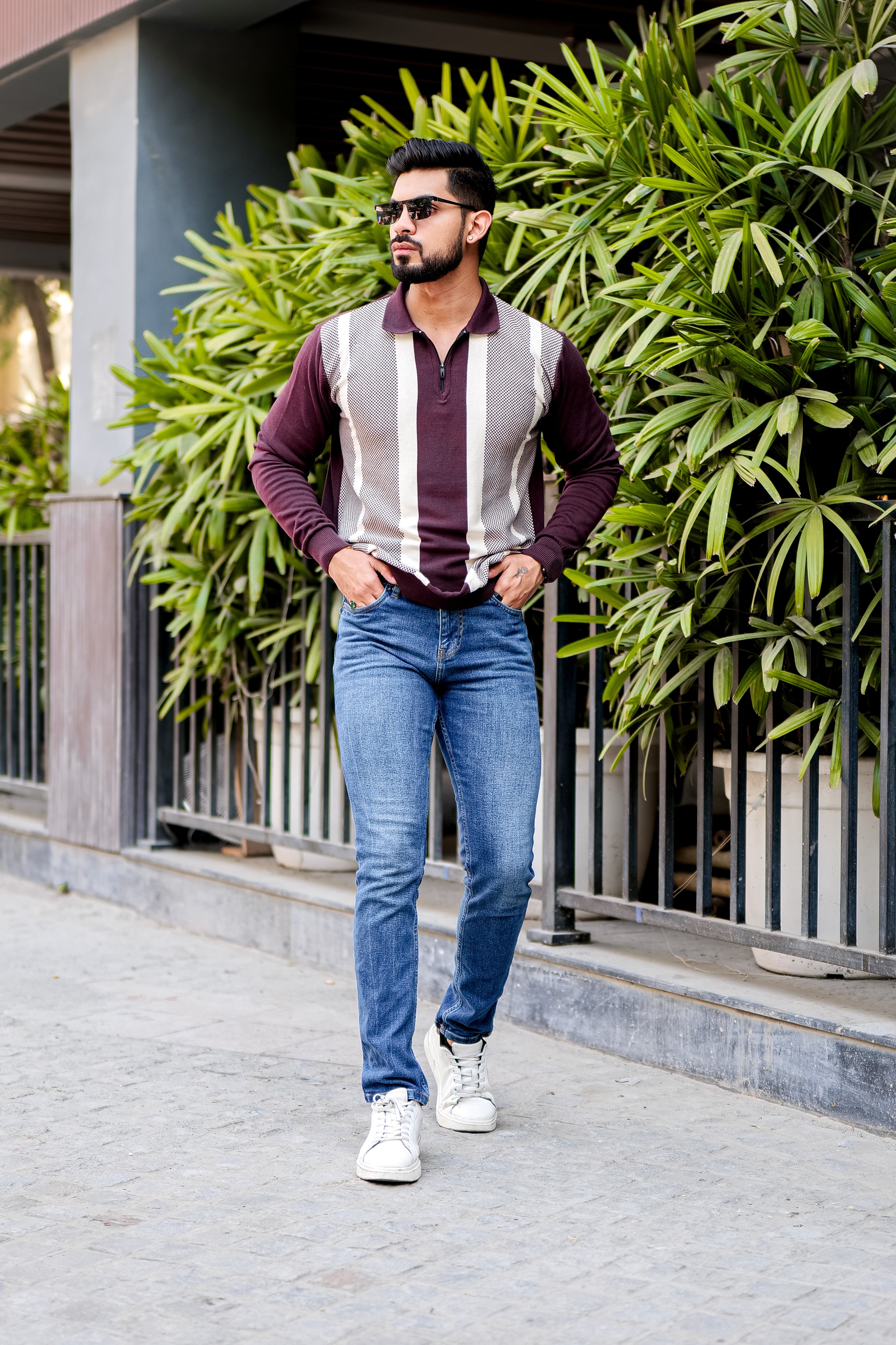 Maroon Collar Color Block Warm Sweater