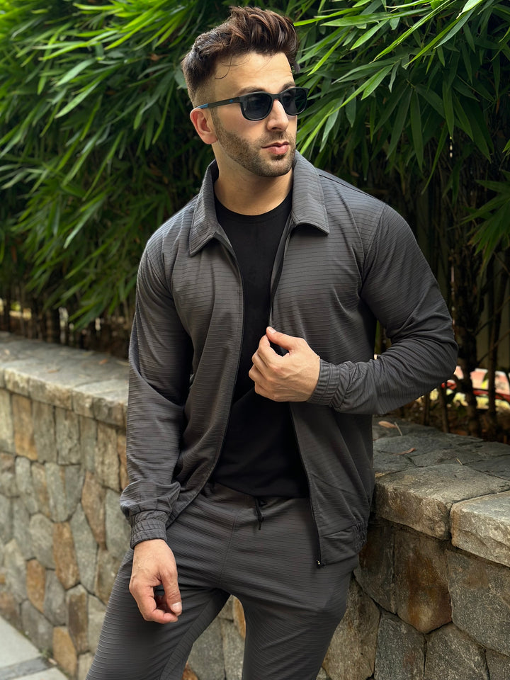 Horizontal Self Design Dark Grey Tracksuit Co-Ord