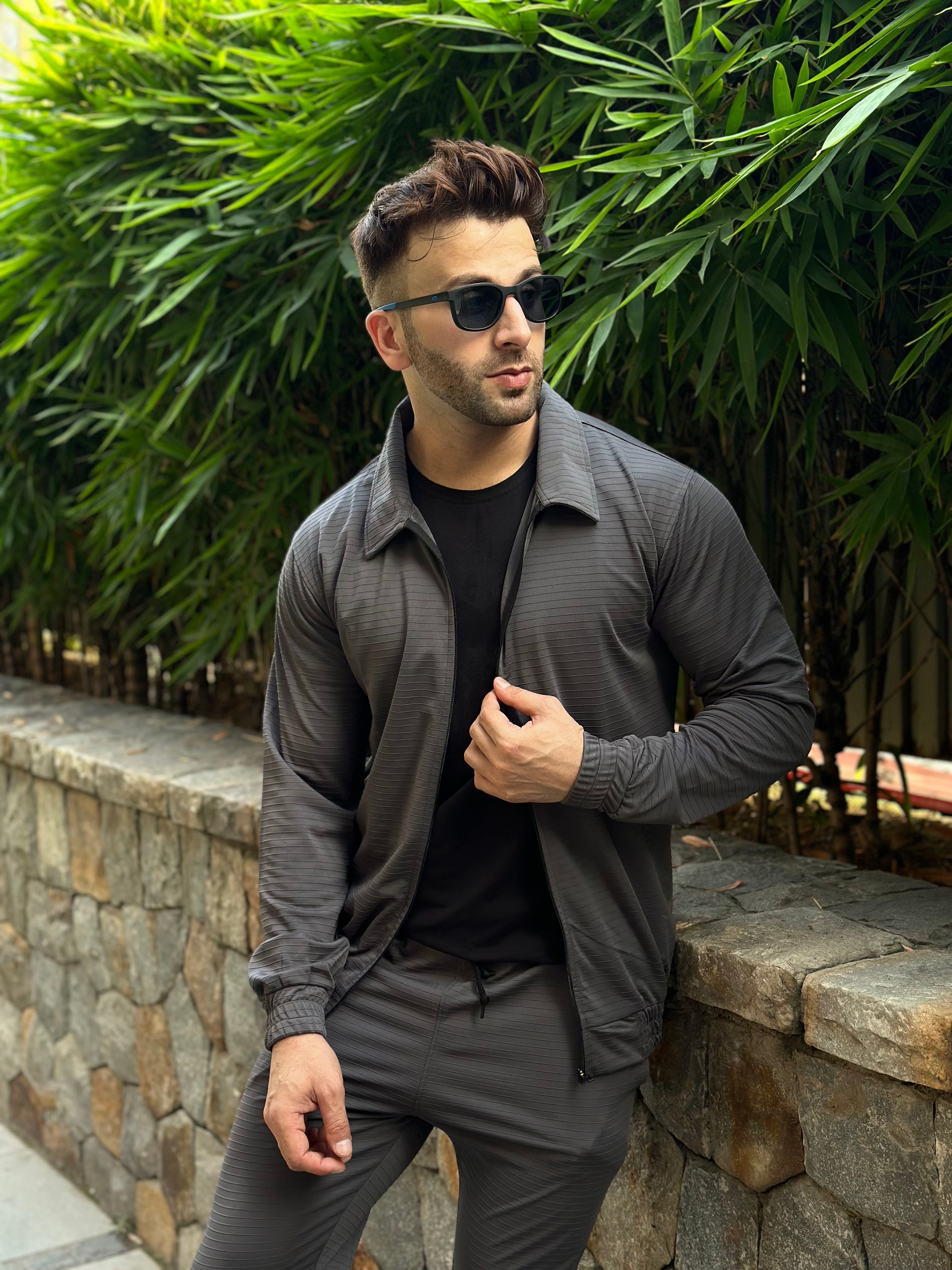 Horizontal Self Design Dark Grey Tracksuit Co-Ord