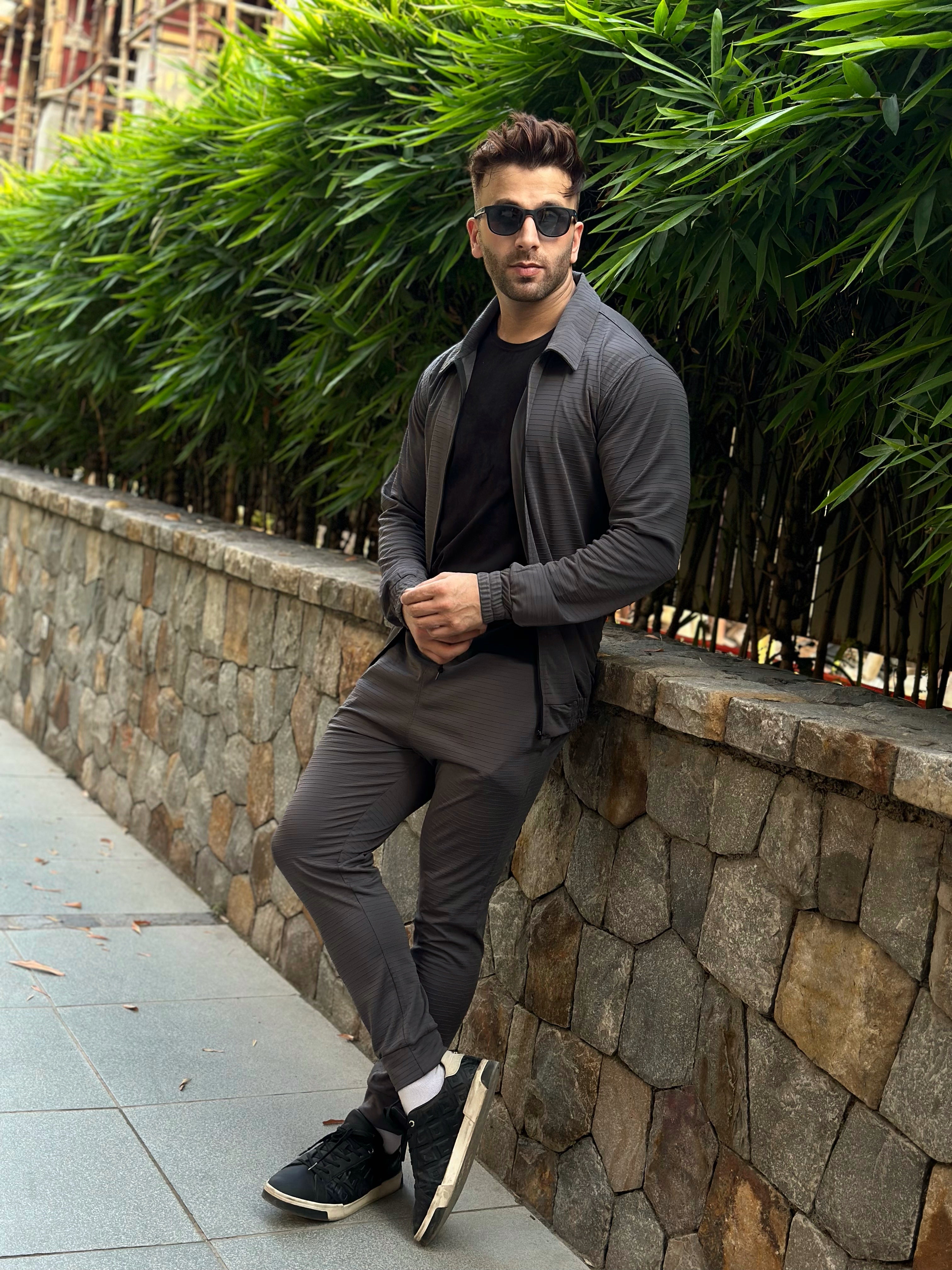 Horizontal Self Design Dark Grey Tracksuit Co-Ord