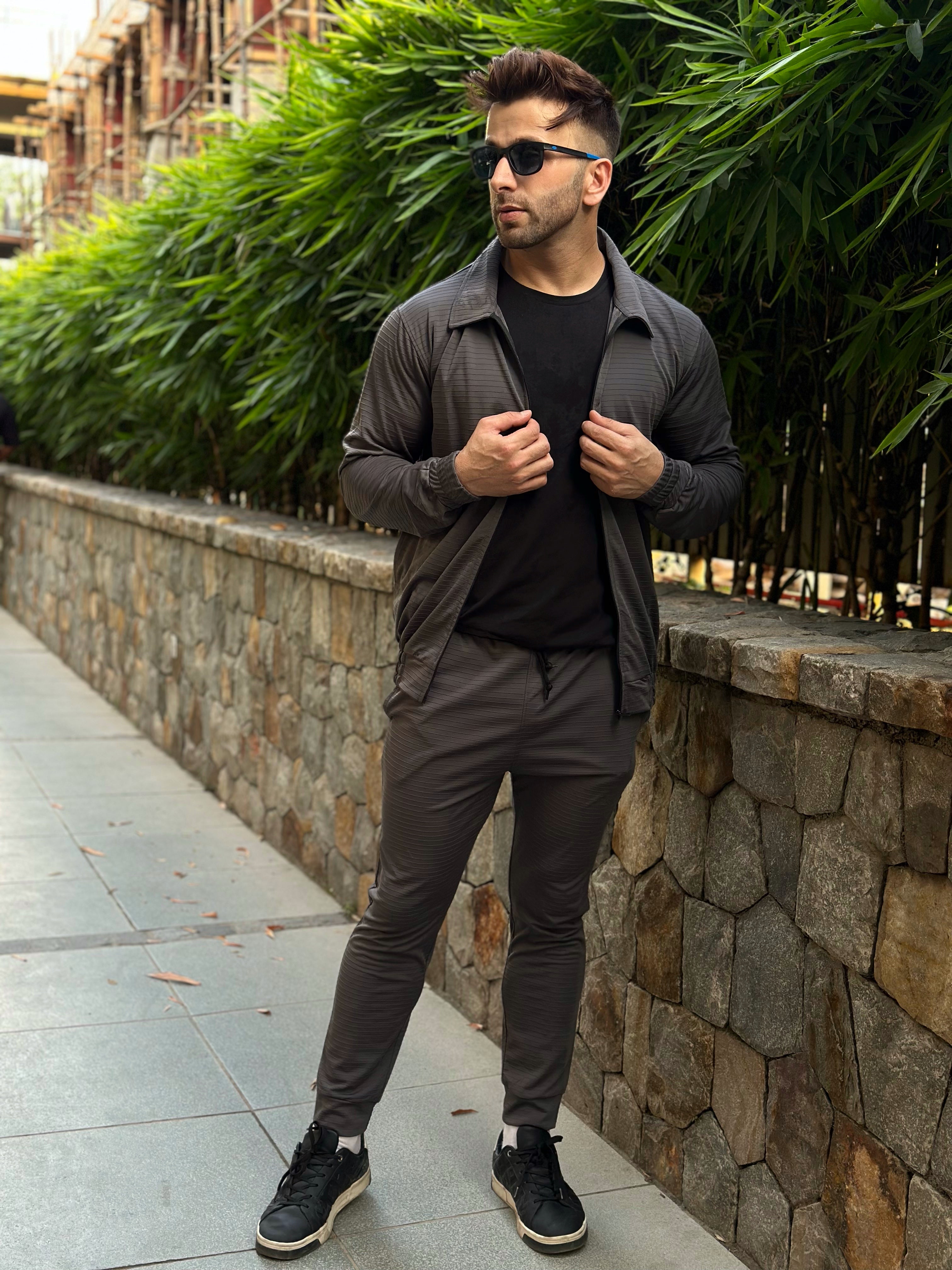 Horizontal Self Design Dark Grey Tracksuit Co-Ord