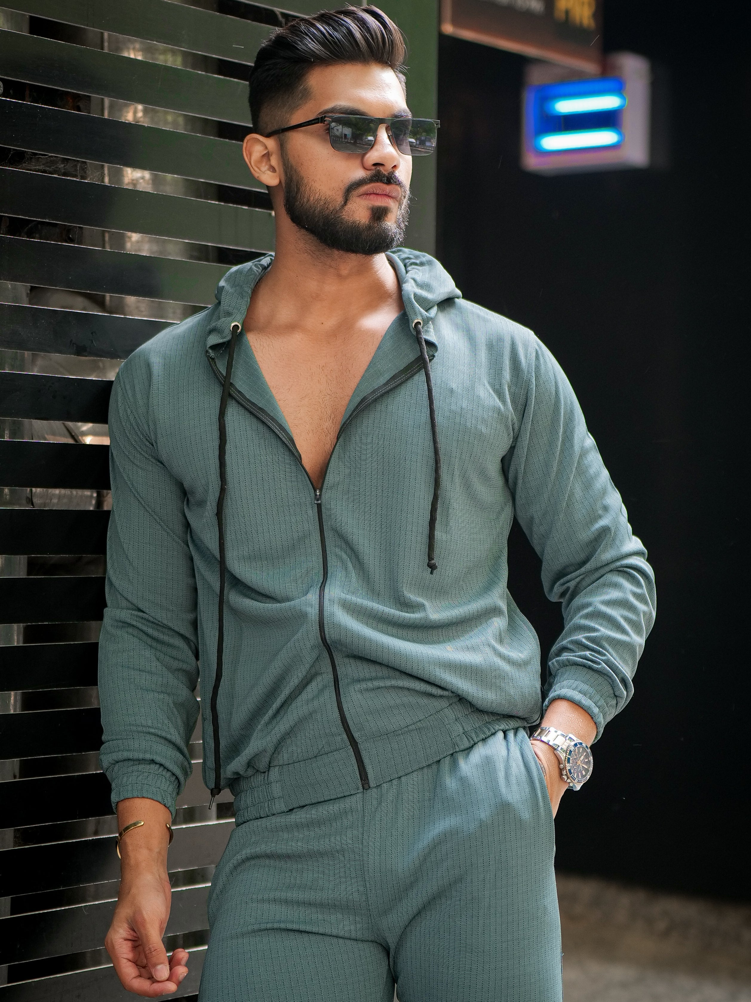 Green Hooded Zipper Tracksuit Co-Ord