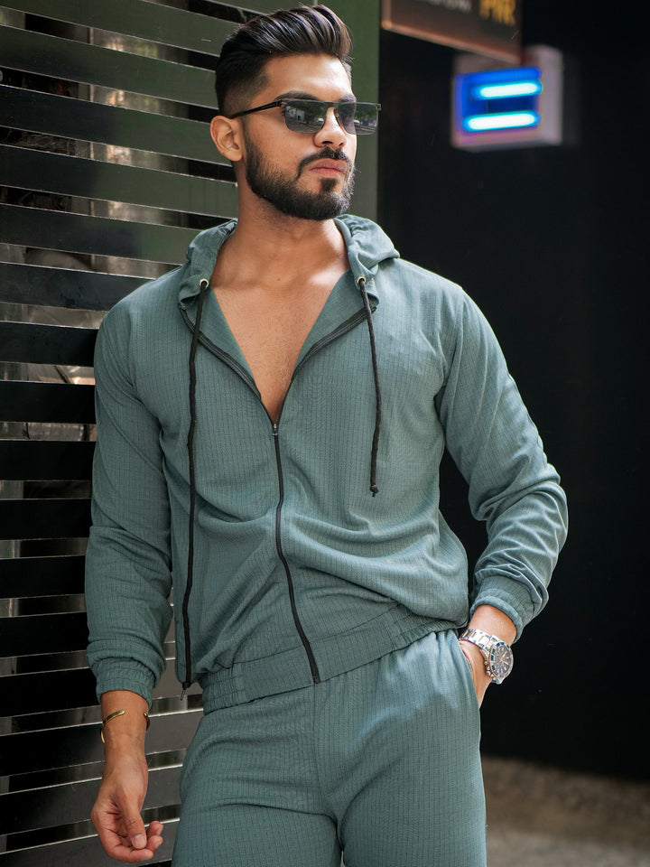 Green Hooded Zipper Tracksuit Co-Ord