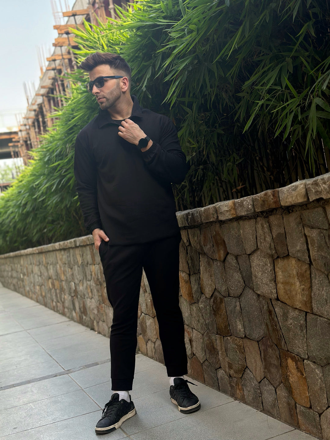 Black Self Design Tracksuit Co-Ords