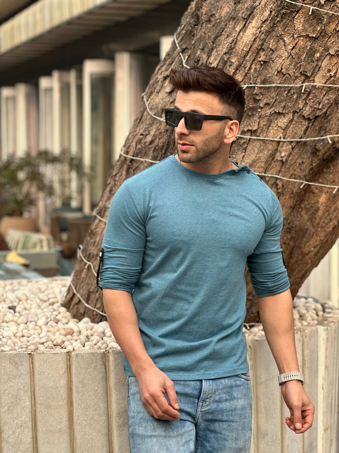 Blue Side Button Self Design T-Shirt