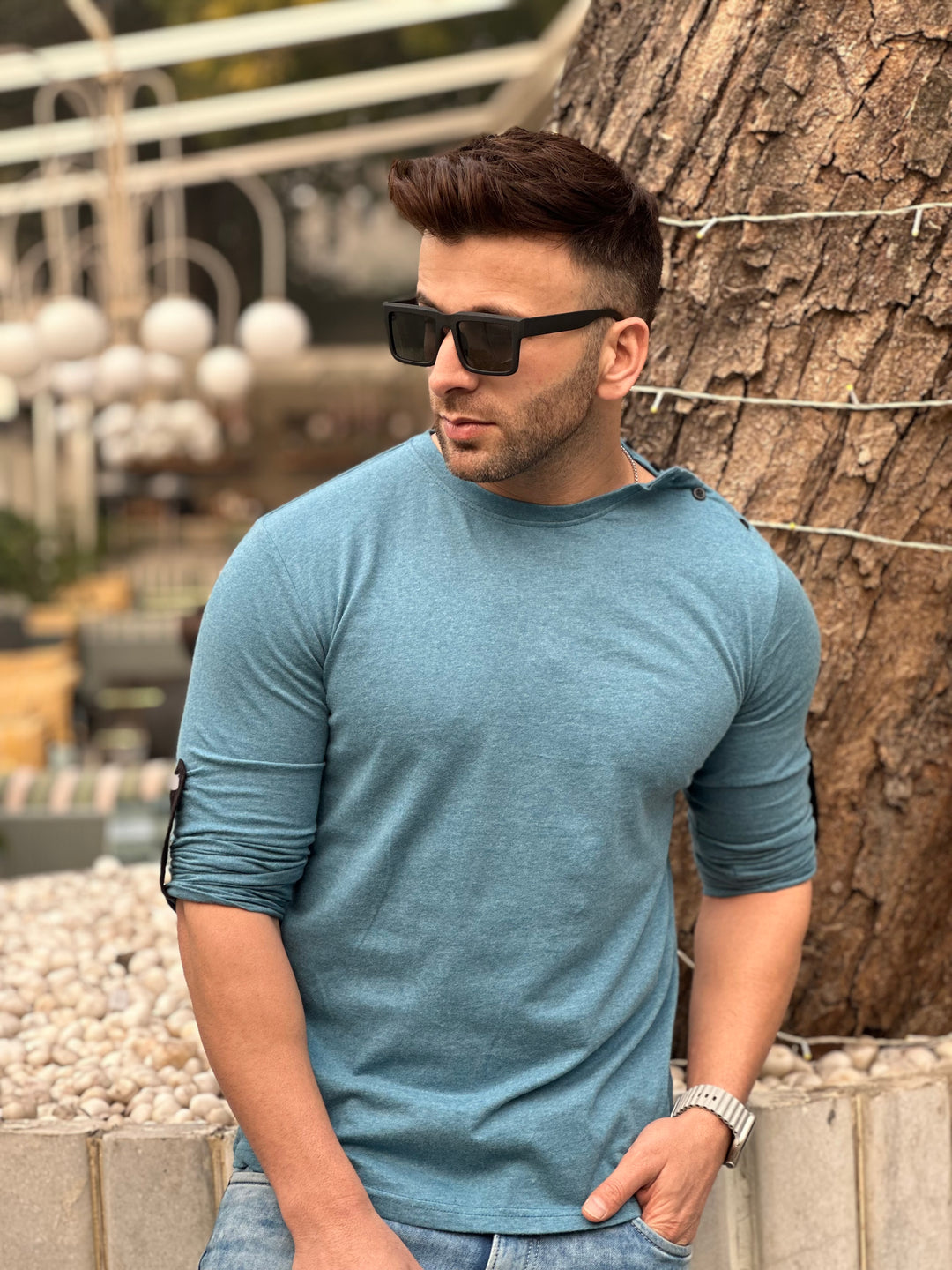 Blue Side Button Self Design T-Shirt
