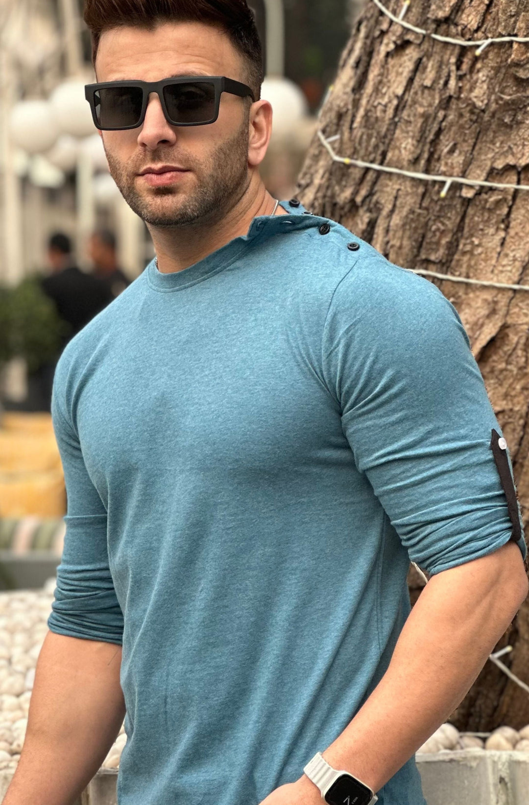 Blue Side Button Self Design T-Shirt