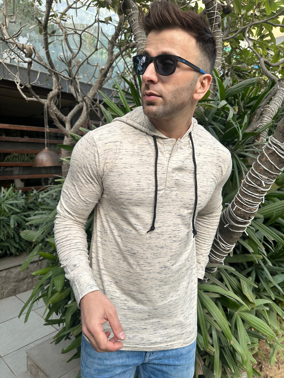 Cream Self Design Hooded T-Shirt