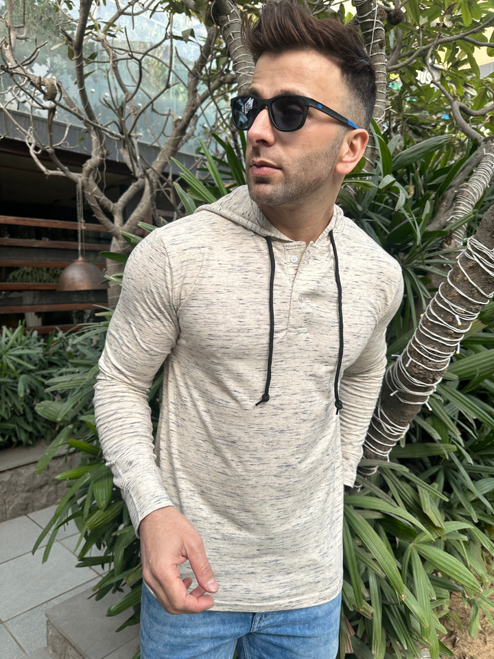 Cream Self Design Hooded T-Shirt