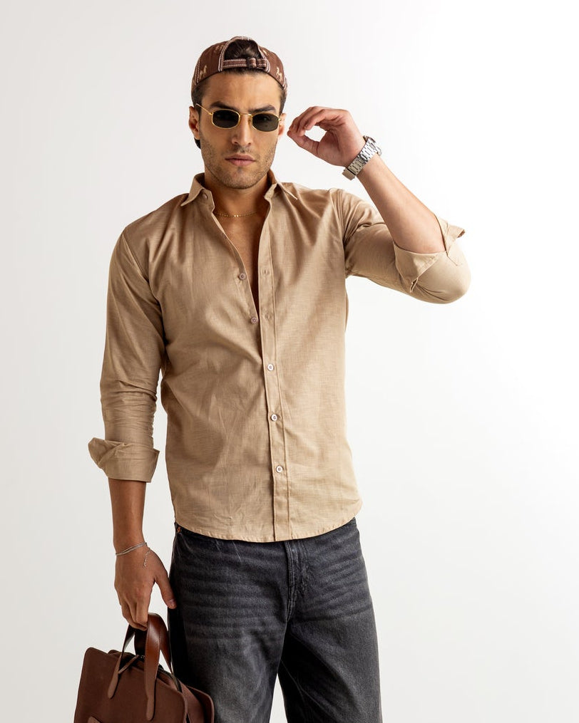 Dark Cream Full Sleeve Linen Blended Shirt