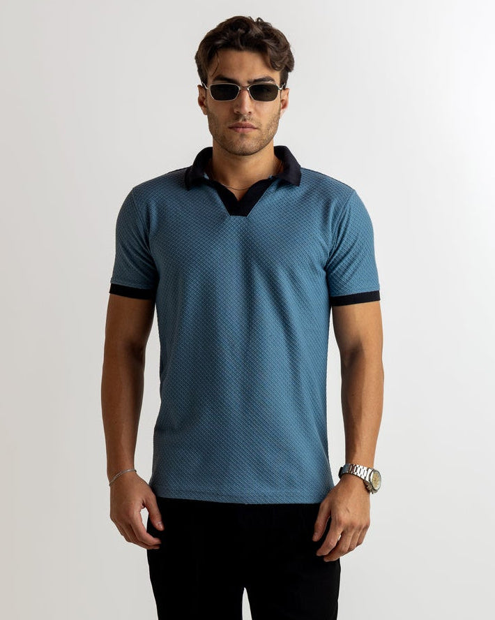 Turquoise Blue Self Design Cotton T-Shirt
