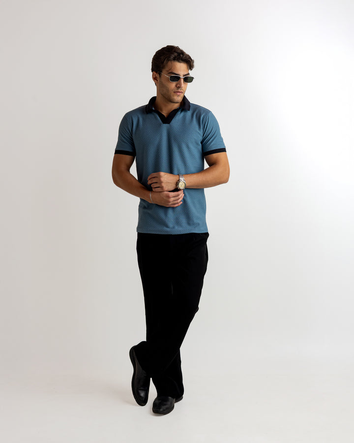 Turquoise Blue Self Design Cotton T-Shirt