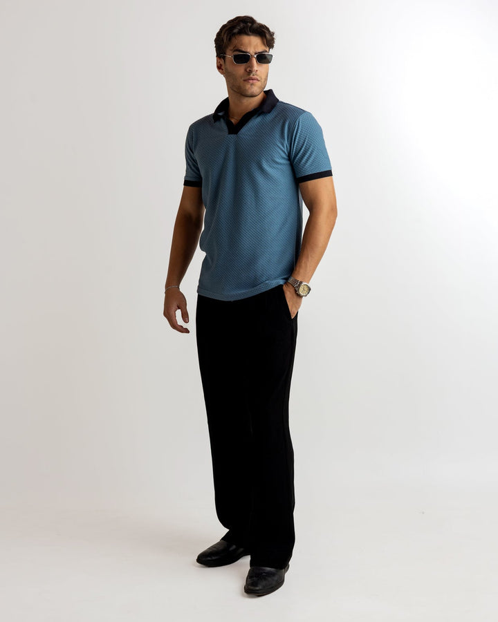 Turquoise Blue Self Design Cotton T-Shirt