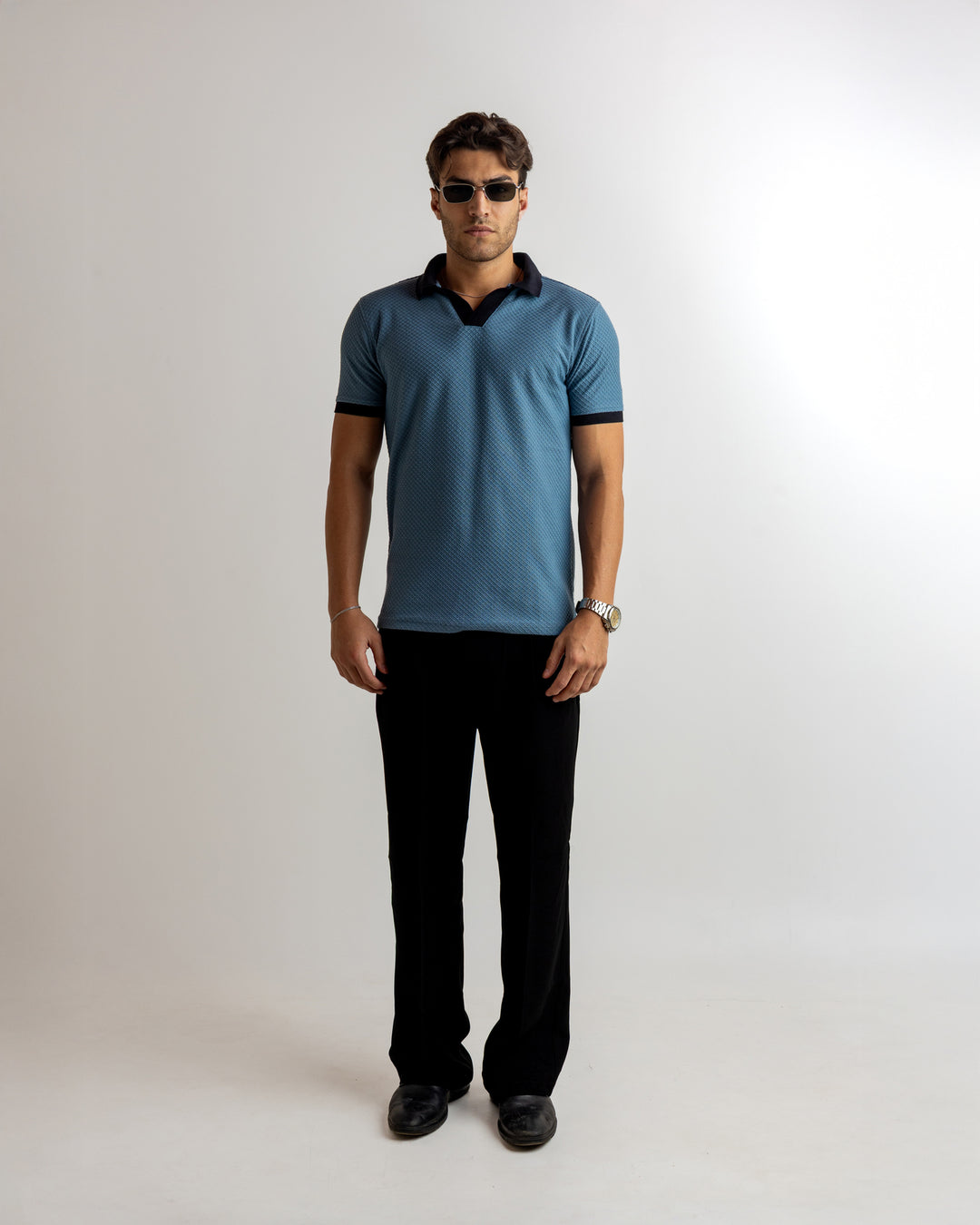 Turquoise Blue Self Design Cotton T-Shirt
