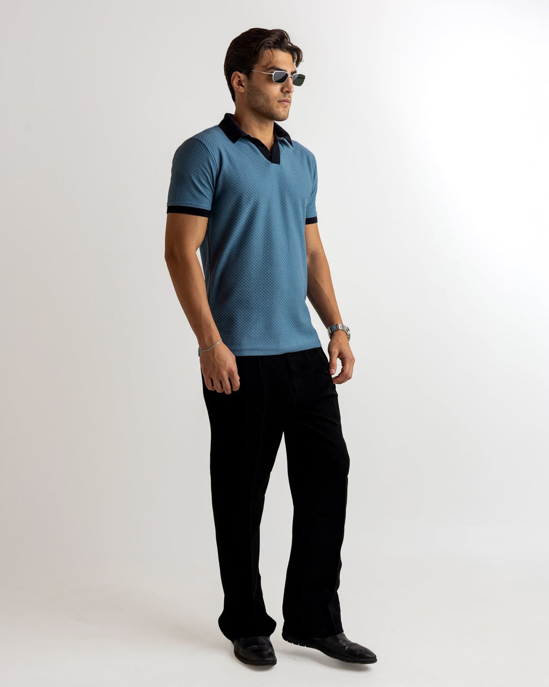 Turquoise Blue Self Design Cotton T-Shirt