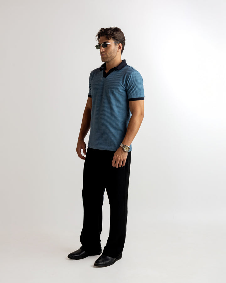 Turquoise Blue Self Design Cotton T-Shirt
