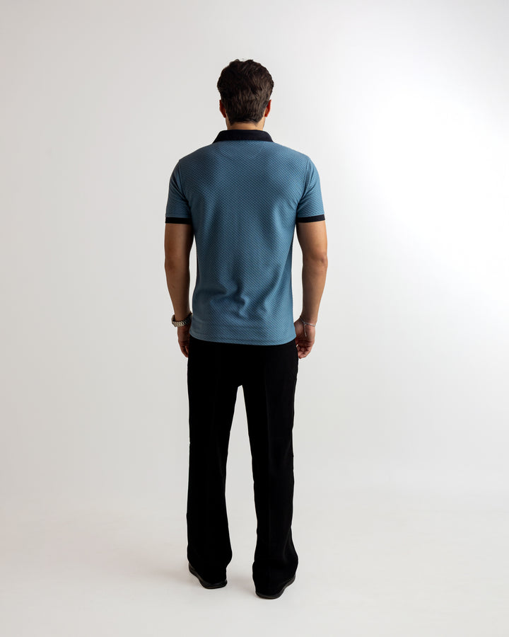 Turquoise Blue Self Design Cotton T-Shirt