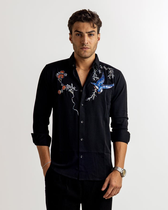 Black Color Bird Embellished Shirt