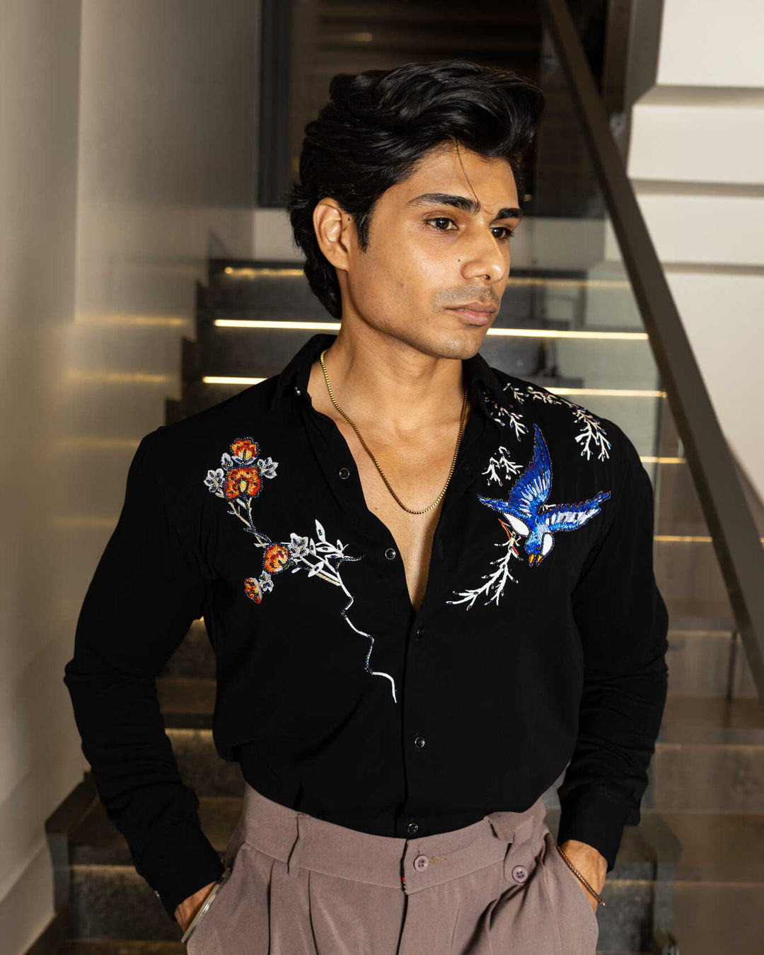 Black Color Bird Embellished Shirt